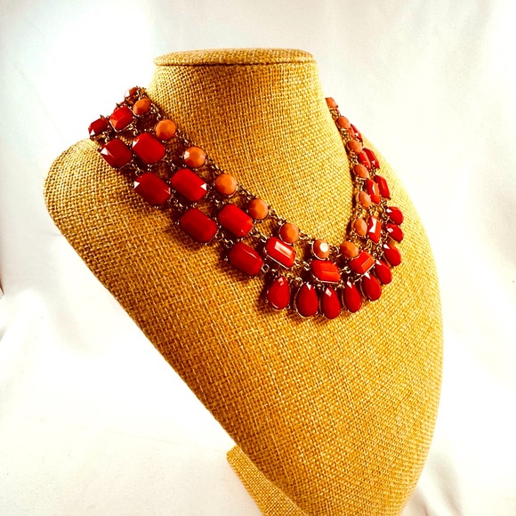 Coral Red Pink Gold 3 Tier Necklace Statement Piece VTG Adjustable Gorgeous - Picture 3 of 5